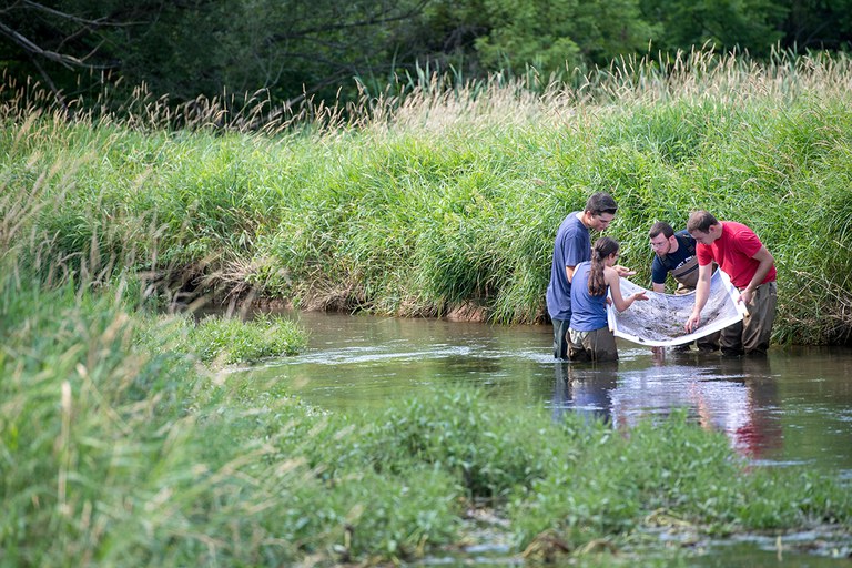 Students collecting water samples in the river.