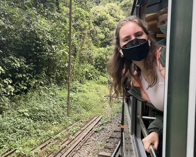Amelia on a train in Peru