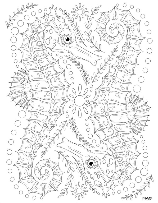 Seahorses and Sea Life coloring book page
