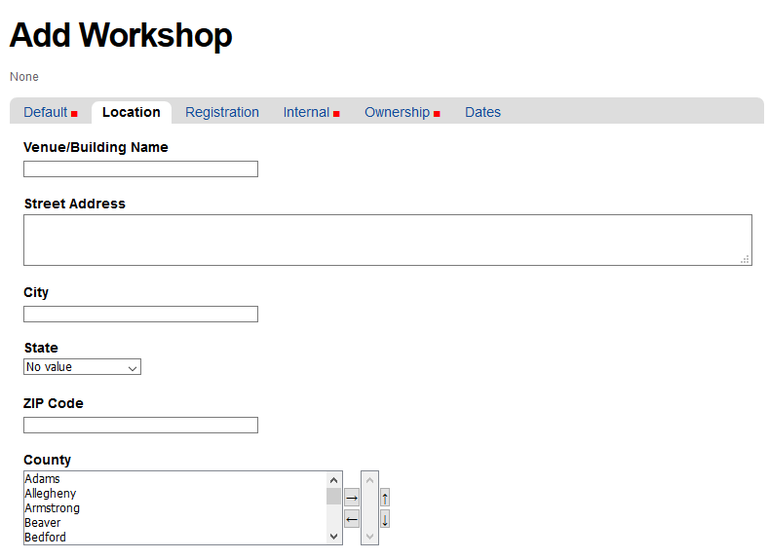 Location tab for Add Workshop