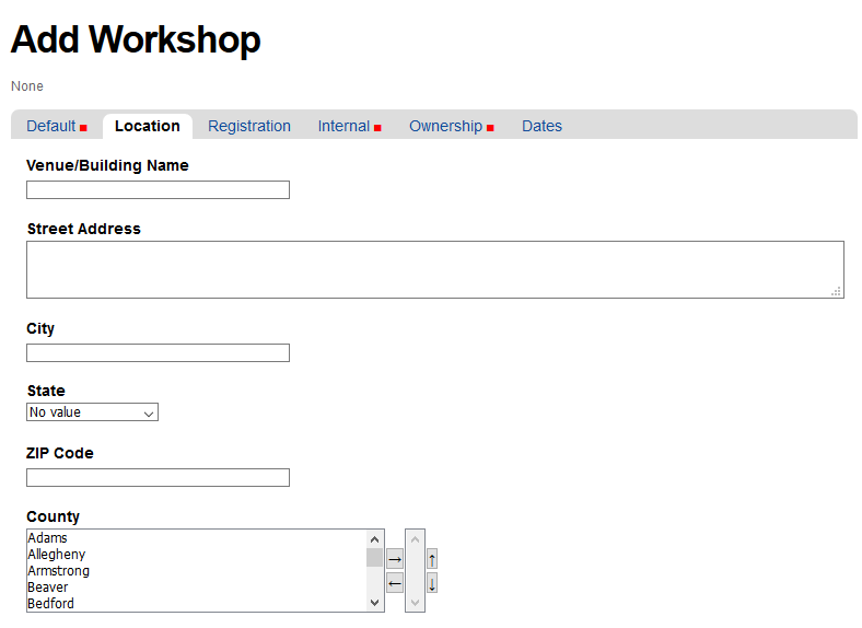 Location tab for Add Workshop