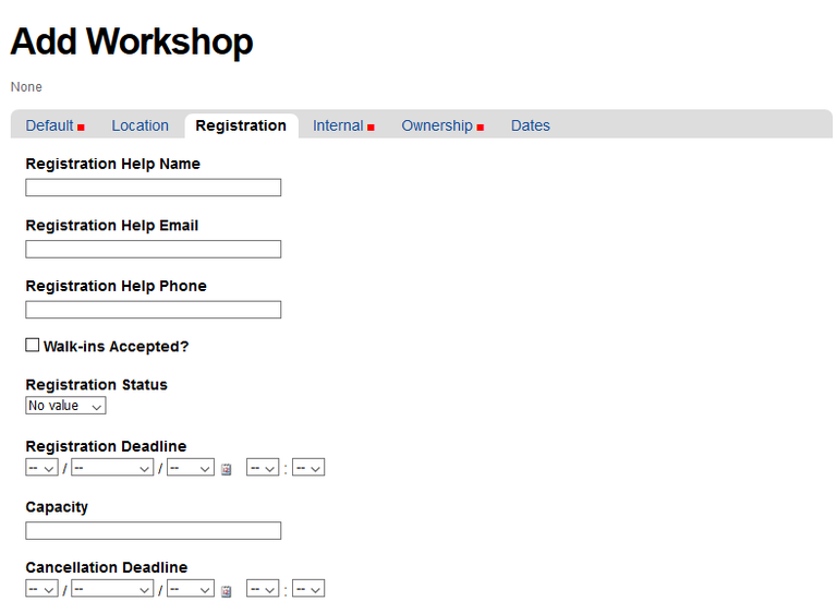 Registration Tab for Add Workshop