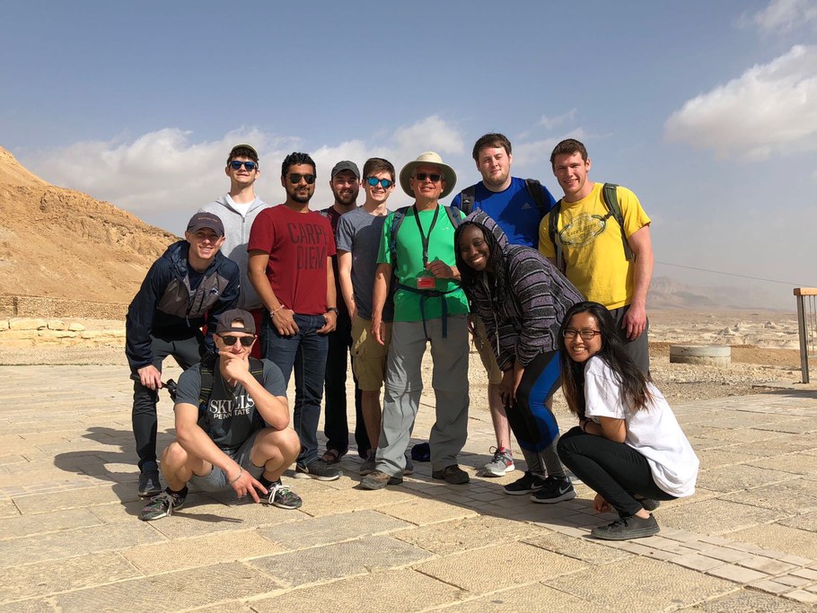 PSU students with their guide in Massada during a spring break 2018 trip to Israel. Left to right: Benjamin Cutler, Griffin Brown, Michael Willis, Pranav Jain, Benjamin Kenawell, Jared Franz, Marc Coles (our guide), Gruwonyen (Tiffany) Zoe, Thomas Hannan, Aiden Smith and Tran (Tresca) Ngo. Image by Anne Hoag.