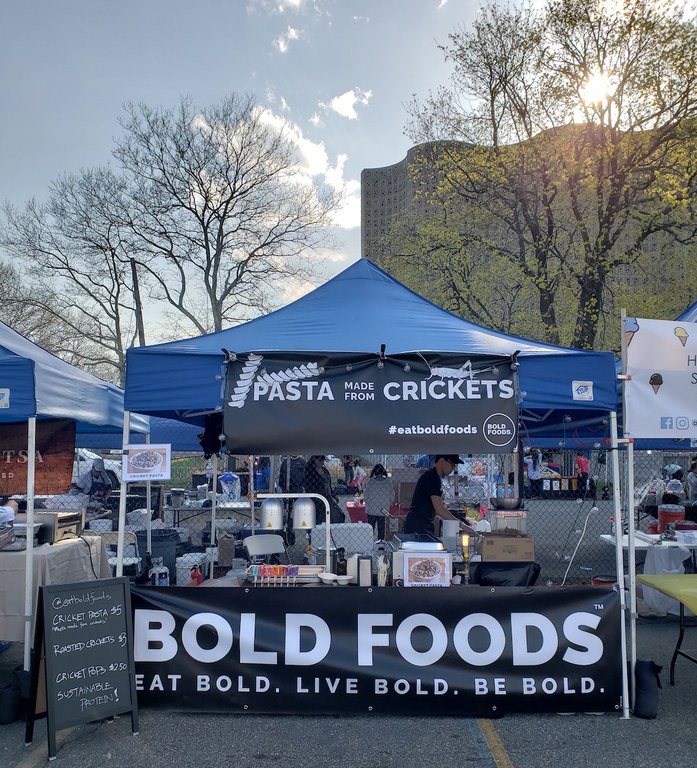 Bold Foods served crickets and pasta made with crickets at NYC markets during spring and summer 2018.