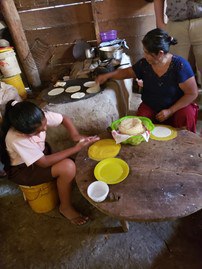 Mother and daughter are making fresh tortillas in the Maya village we lived in.