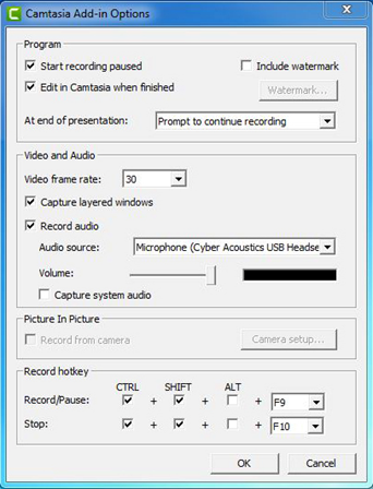Camtasia Add-in options