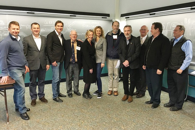 Penn State assembled an elite group of experts from Ohio State University, Kansas State University, University of Missouri, University of Maryland and Louisiana State University, to form the Consortium for Ukraine's Rural and Agricultural Development, or CURAD. Shown, from left, are Oleksandr Labenko and Oleksandr Kovalchuk, 2018 Woskob International Research in Agriculture (WIRA) Scholars; Vlad Konovalchuk, Bridges Agricultural Extension Center, Kyiv; Willi Meyers, University of Missouri; Deanna Behring, Penn State; Lina Dotsenko, Bridges; Jim Dunn, Penn State; Yurij Bihun, consultant; Rick Roush, Penn State; George Woskob, philanthropist and local businessman; and Allan Lines, Ohio State. Not pictured: Mykel Taylor, Kansas State, and Jonathan Hubche, Louisiana State. Photo: Penn State