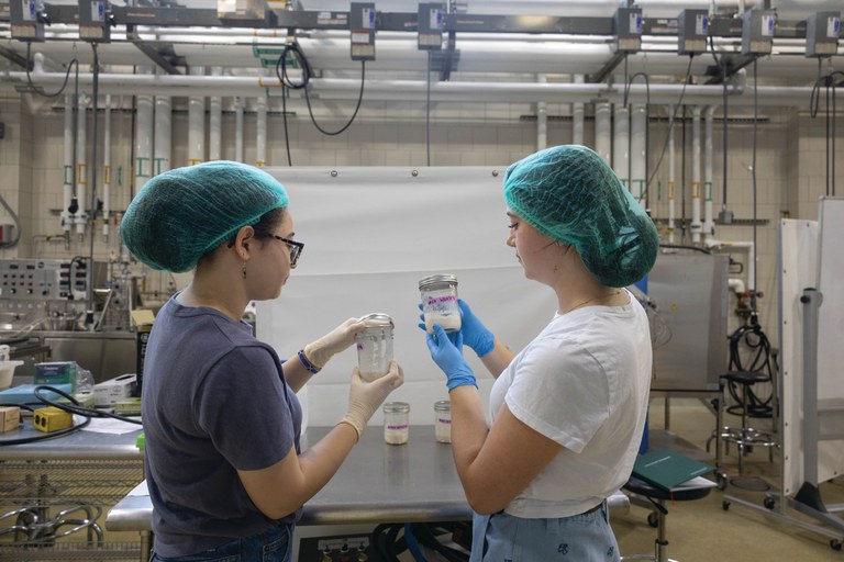 Maya Tanikawa-Brown, left, a Penn State Summer Research Opportunities Program scholar, and food science graduate student Ashley Ohstrom examine sourdough fermentations. Photo credit: Jillian Wesner