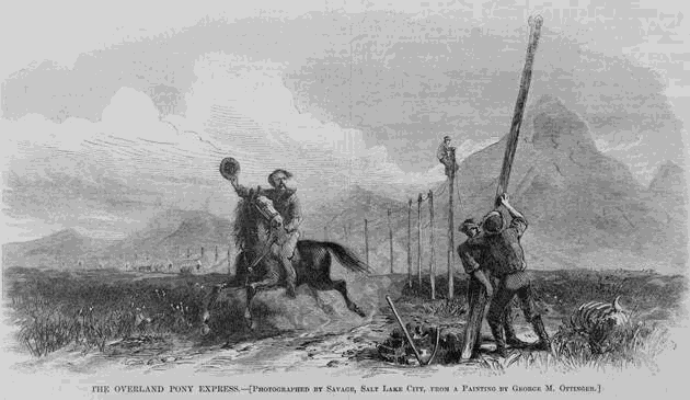 The Overland Pony Express, as transcontinental telegraph lines are installed. Photographed by Savage, Salt Lake City; from a painting by George M. Ottinger. Illustration in ''Harper's'' weekly, v. 11, no. 566 (1867 Nov. 2), p. 693. Scan provided by The Library of Congress. This media file is in the public domain in the United States. This applies to U.S. works where the copyright has expired, often because its first publication occurred prior to January 1, 1923