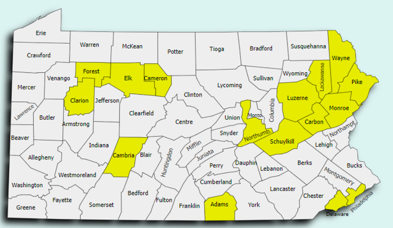 Map showing non-delegated counties (yellow) as of May 2023