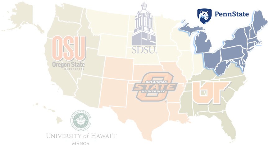 United States map showing universities involved by region